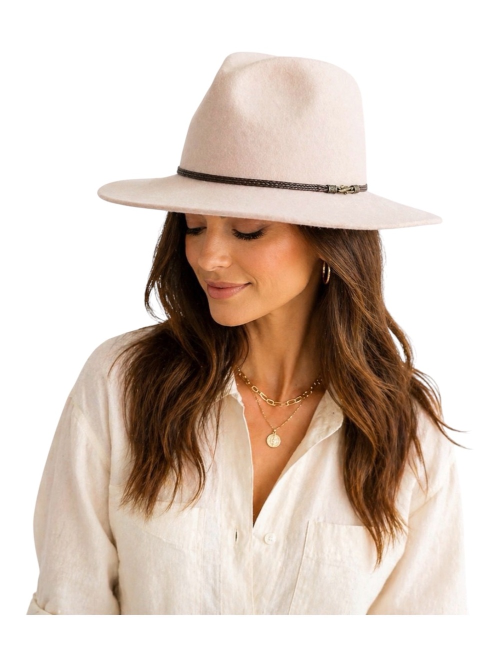 House of Harlow 100% Wool Fedora Hat Brown Trim Wide Brim Boho OS  tan-taupe